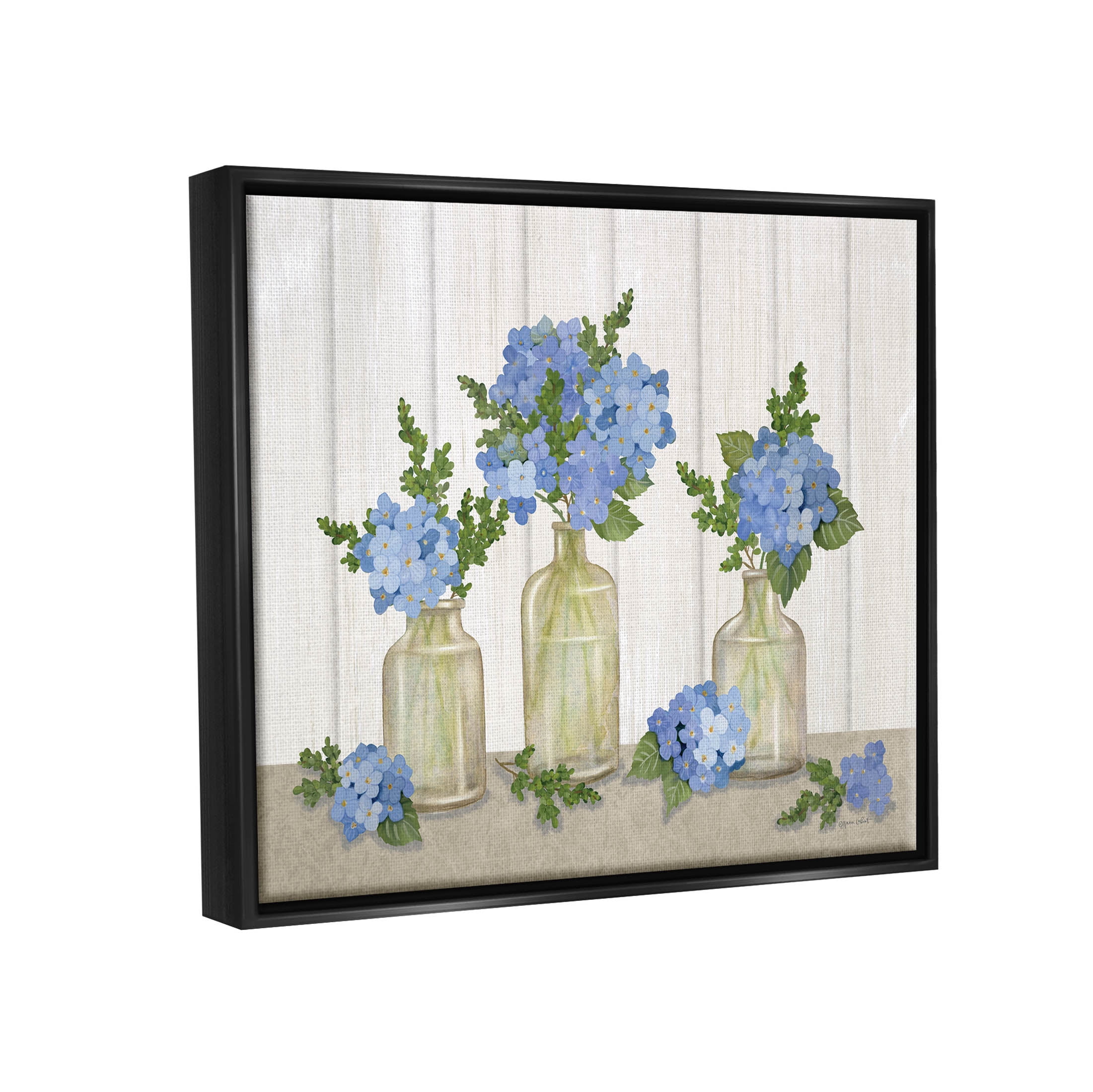 Stupell Industries Blue Geranium Flower Vases Graphic Art Jet Black Floating Framed Canvas Print Wall Art, Design by Annie LaPoint