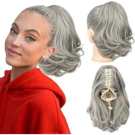 Ponytail Extension 10 Short Claw Clip in Pony Tails Hair Extensions Curly Wavy Synthetic Drawstring Hairpieces for Women(Smokey )