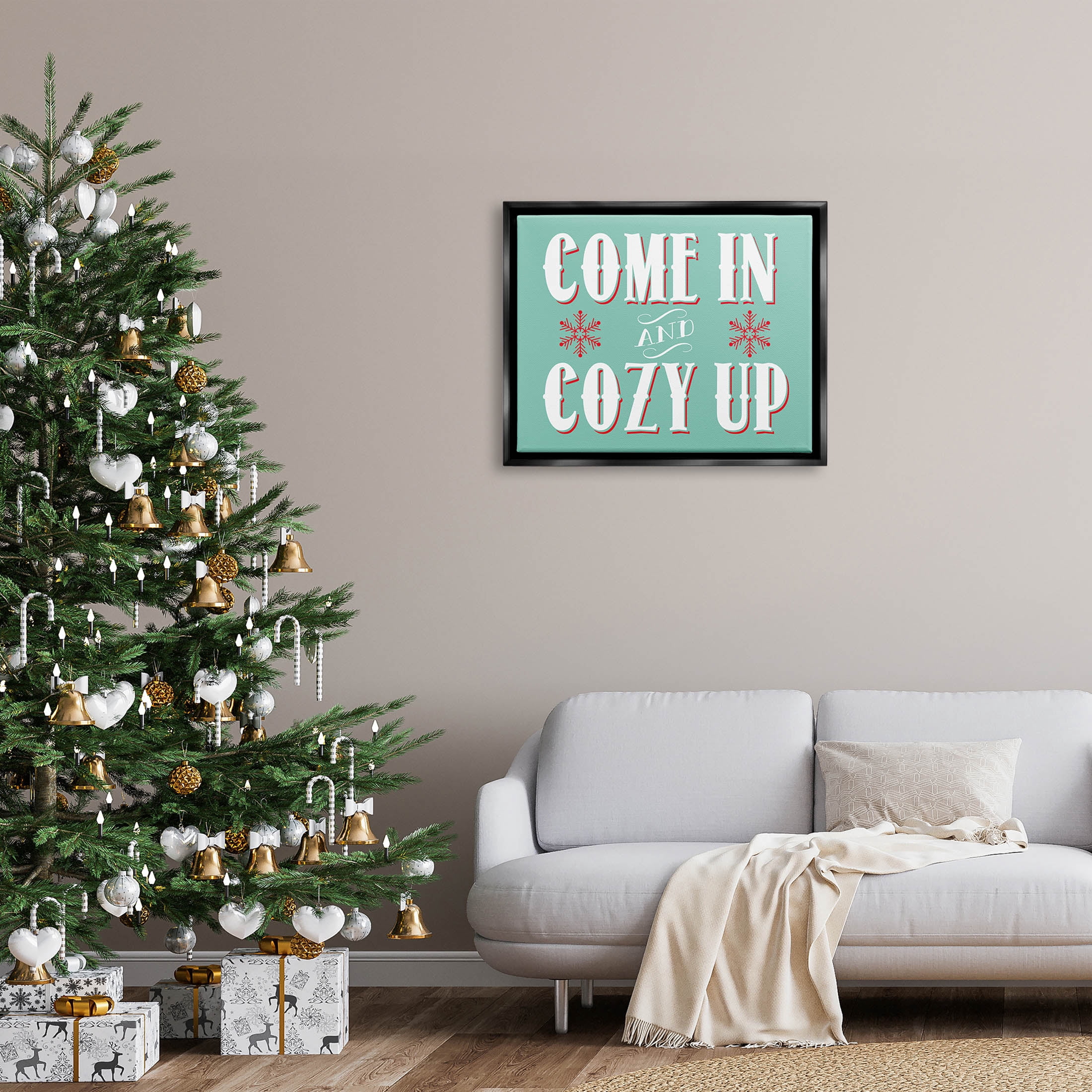 Come In & Cozy Up Snowflake Phrase Holiday Graphic Art Jet Black Framed Art Print Wall Art