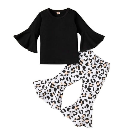 

Odeerbi Reduced Baby Girls Boys Clothes Baby Outfits Shirts Sets Toddler Black Cotton Flared Sleeve Top + Leopard Print Trousers 2pcs Suit Children