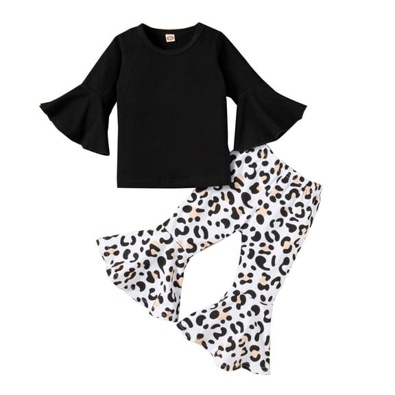 Odeerbi Baby Girls Boys Clothes Baby Outfits Shirts Sets Toddler Black Cotton Flared Sleeve Top Leopard Print Trousers 2pcs Suit Children
