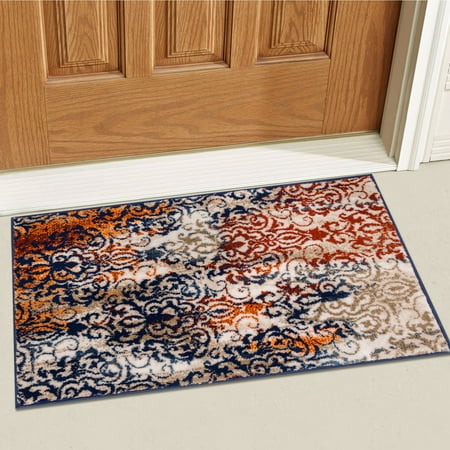 Shabby Rag - Well Woven Ipek Watercolor Damask Beige w/Blue & Splash Orange Vintage Floral European Lattice Area Rug 2x3 (20