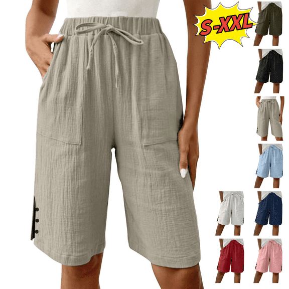 Utoimkio Straight Leg Lounge Shorts for Women Elastic Waist Drawstring Split Side Sport Shorts Summer Casual Outdoor Knee Length Sweatpants with Pockets Size S-XXL