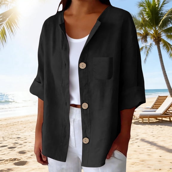 Nooxsoe Linen Button Down Shirt Women Roll-up Cuff V Neck Collarless Button Down Front Linen Tops for Women Tunic Button Down Shirts for Women Hawaiian Shirt For Black L