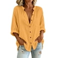 thumbnail image 3 of VBVC Women's Cotton Linen V Neck Henley Shirt , Long Sleeve Summer Tops , Ladies' Lightweight Button Up Tee with Pockets, Yellow , S-3XL, 3 of 10