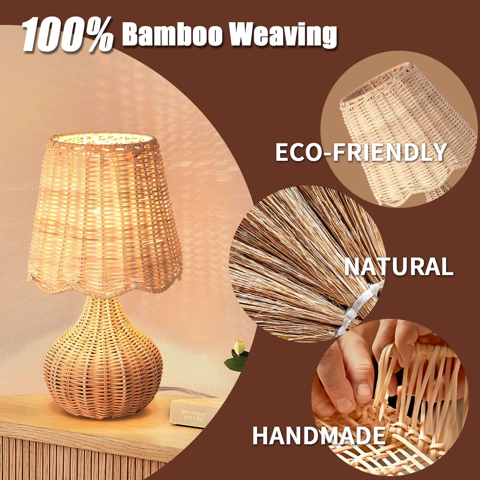 Boho Rattan Mini Table Lamp, Farmhouse Bedside Nightstand Lamp for Small Spaces, Bedroom, Dorm and Home Decor