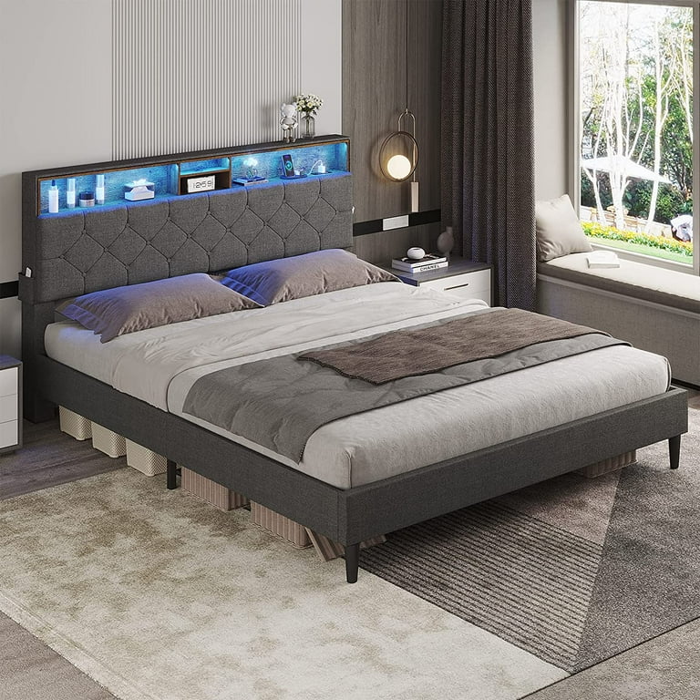 ADORNEVE Upholstered Queen Bed with Charging Ports, LED