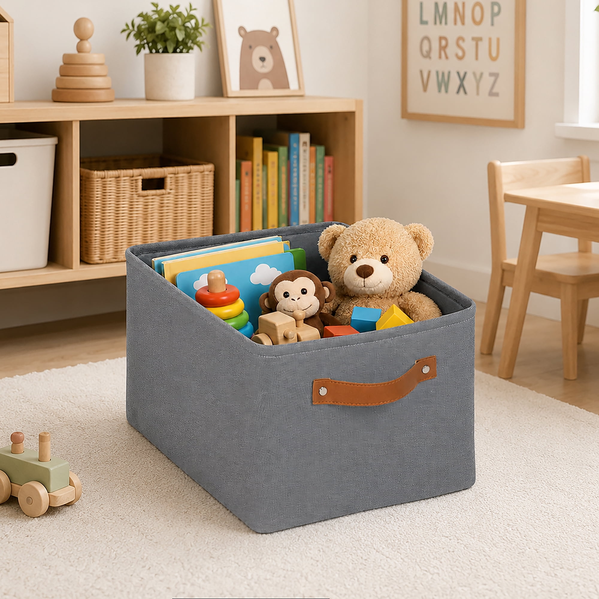 (4 pack) Mainstays Gray Canvas Fabric Decorative Storage Basket with Handles, 15 in x 8 in x 11 in