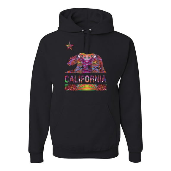 California Republic Bear Logo Retro Mandala Mosaic | Mens Fashion Hooded Sweatshirt Graphic Hoodie, Black, Small