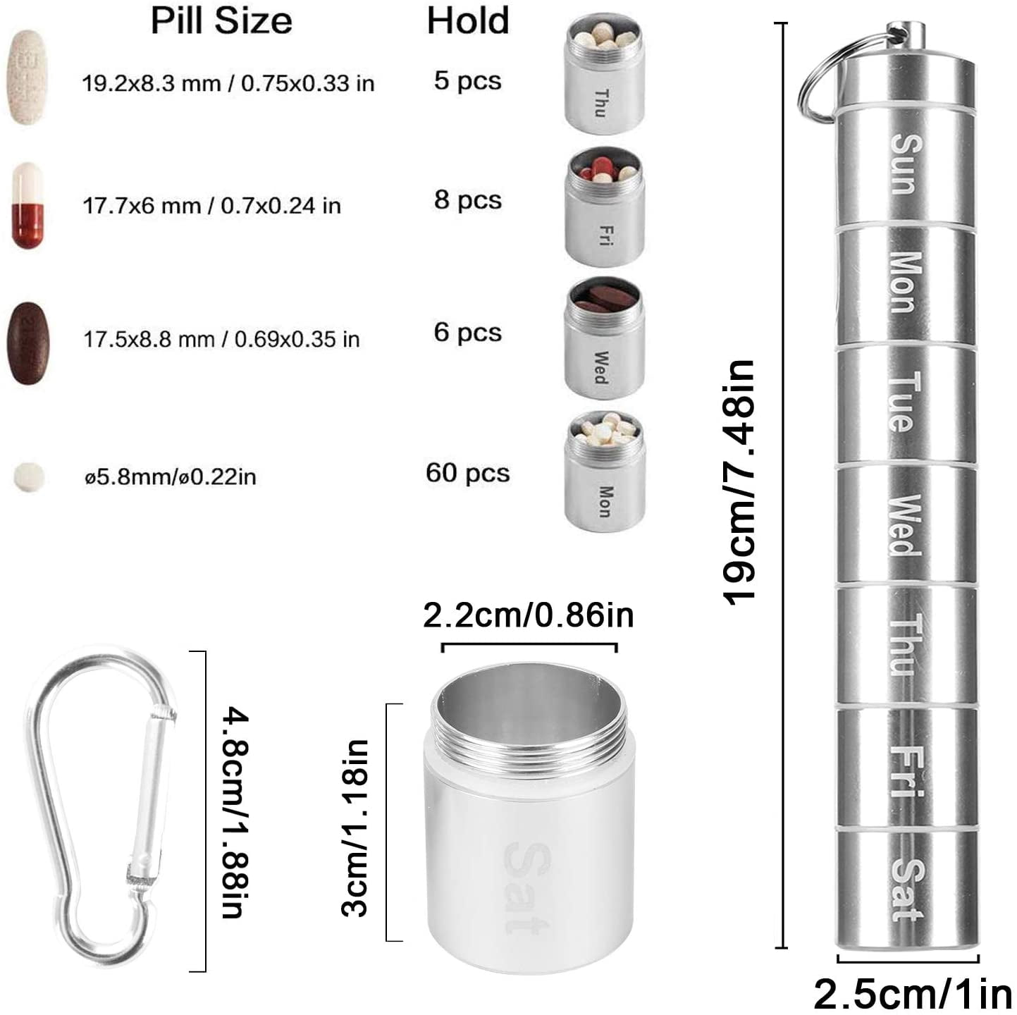 7 Days Pill Case, Portable Pill Box, 7 Compartments Aluminum Alloy Weekly Pill Holder Waterproof Medicine Organizer Travel Pill Tube Pill Bottle Pill Container with Keychain and Carabiner