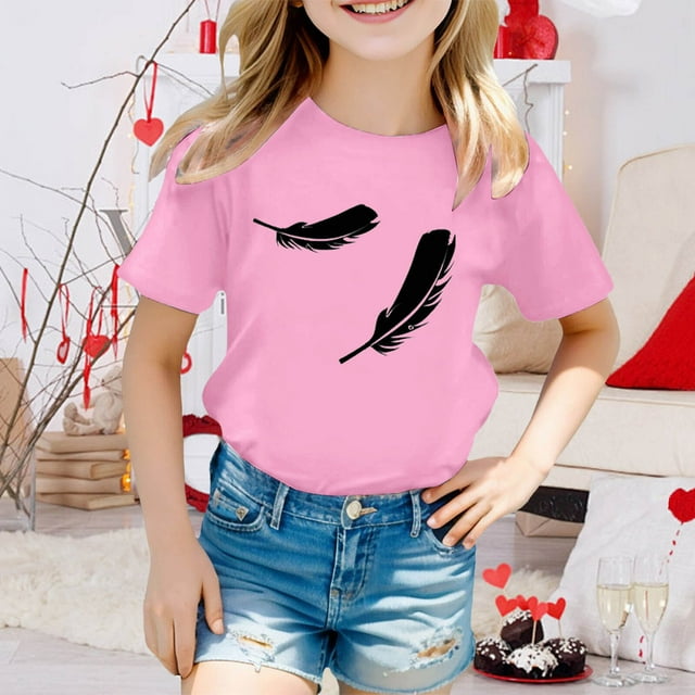 Hauts d'Été pour Filles - T-Shirts à Col Rond Confortables avec Imprimés Mignons pour Activités Extérieures - Respirants et Extensibles pour Enfants 3-13 Ans
