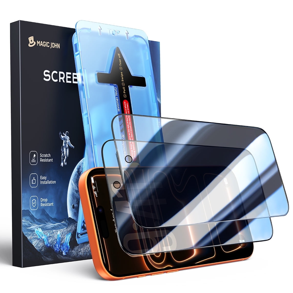 Magic John 2 Pack Privacy Tempered Glass Screen Protector for iPhone 17 Pro Max,99.99% HD Clear 9H Anti‑Scratch Fast & Easy Installation