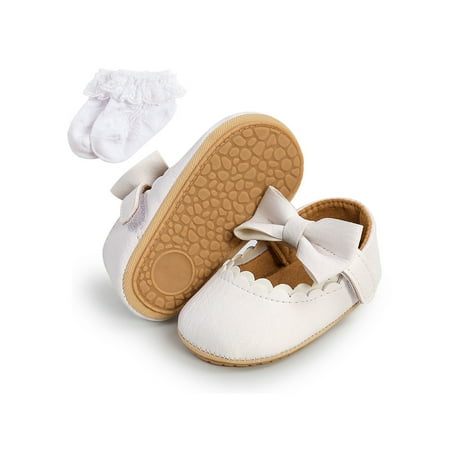 

Gomelly Infant Flats Comfort Mary Jane Bowknot Crib Shoes Fashion Princess Dress Shoe Toddler Baby Girls White Bow with Socks 5C