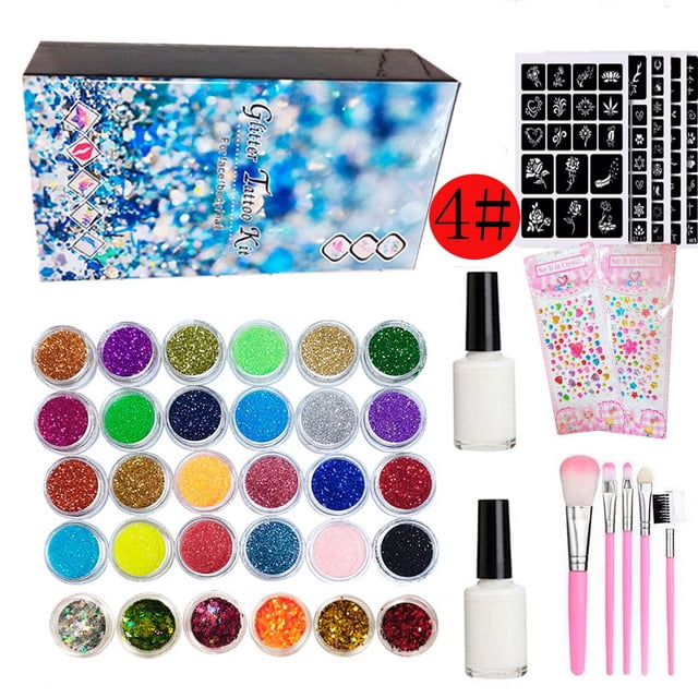 Set de Tatuajes con Purpurina en 24 Colores (200 Plantillas), Tatuaje Temporal, Tatuajes Cortos Impermeables y No Tóxicos para Niños, Niños y Niñas, Fiestas de Adultos, Maquillaje de Fiesta