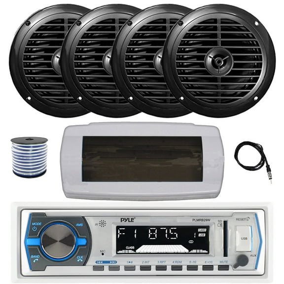 Pyle PLMRB29W Single DIN Bluetooth Marine MP3 AM/FM Stereo Receiver with White Cover, 22" Radio Antenna, Wire, 4x 6.5" 120 Watt Peak Full Range Dual Cone Waterproof Stereo Speakers (Black)