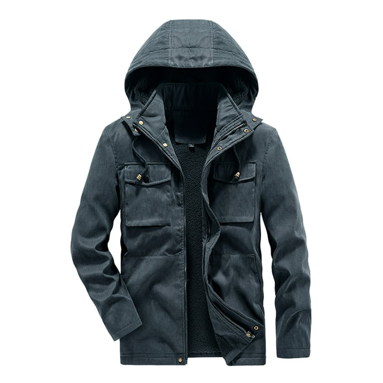 Mens Heavy Winter Coat Male Casual Plush Solid Outdoor Cargo Jackets Hooded Long Sleeve Multi Pocket Coat Anorak No 8 Insulated Jacket Long Jacket