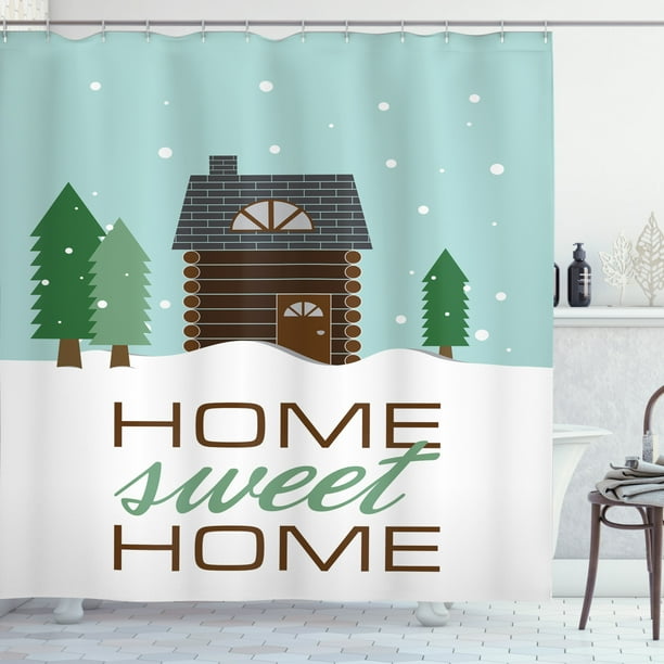 Log Cabin Shower Curtain Text Ilration Of A Rustic Lodge Ornamented With Winter Theme Fabric Bathroom Set Hooks 69w X 84l Inches Extra Long Pale Seafoam And Multicolor By Ambesonne Log Cabin Shower Curtain Text, Log Cabin Shower Curtain Hooks