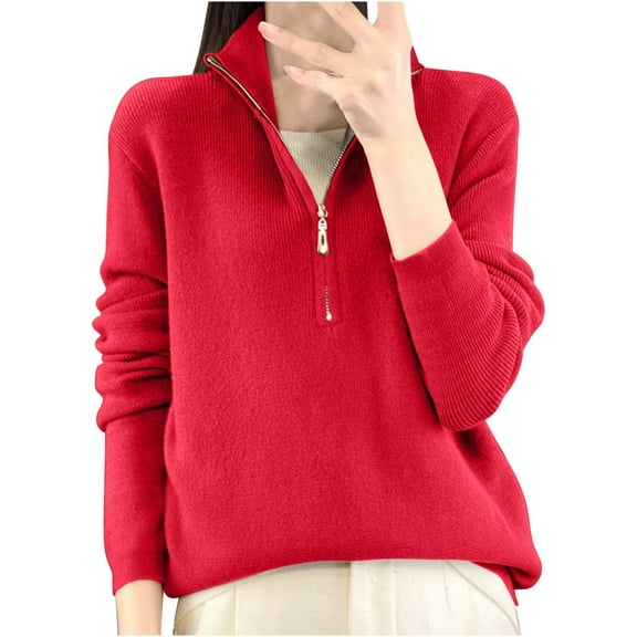 GigrtiJin Women Half Zip Knitted Sweaters Long Sleeved Collar V-Neck Pullover Sweater Top Solid Color Casual Blouse