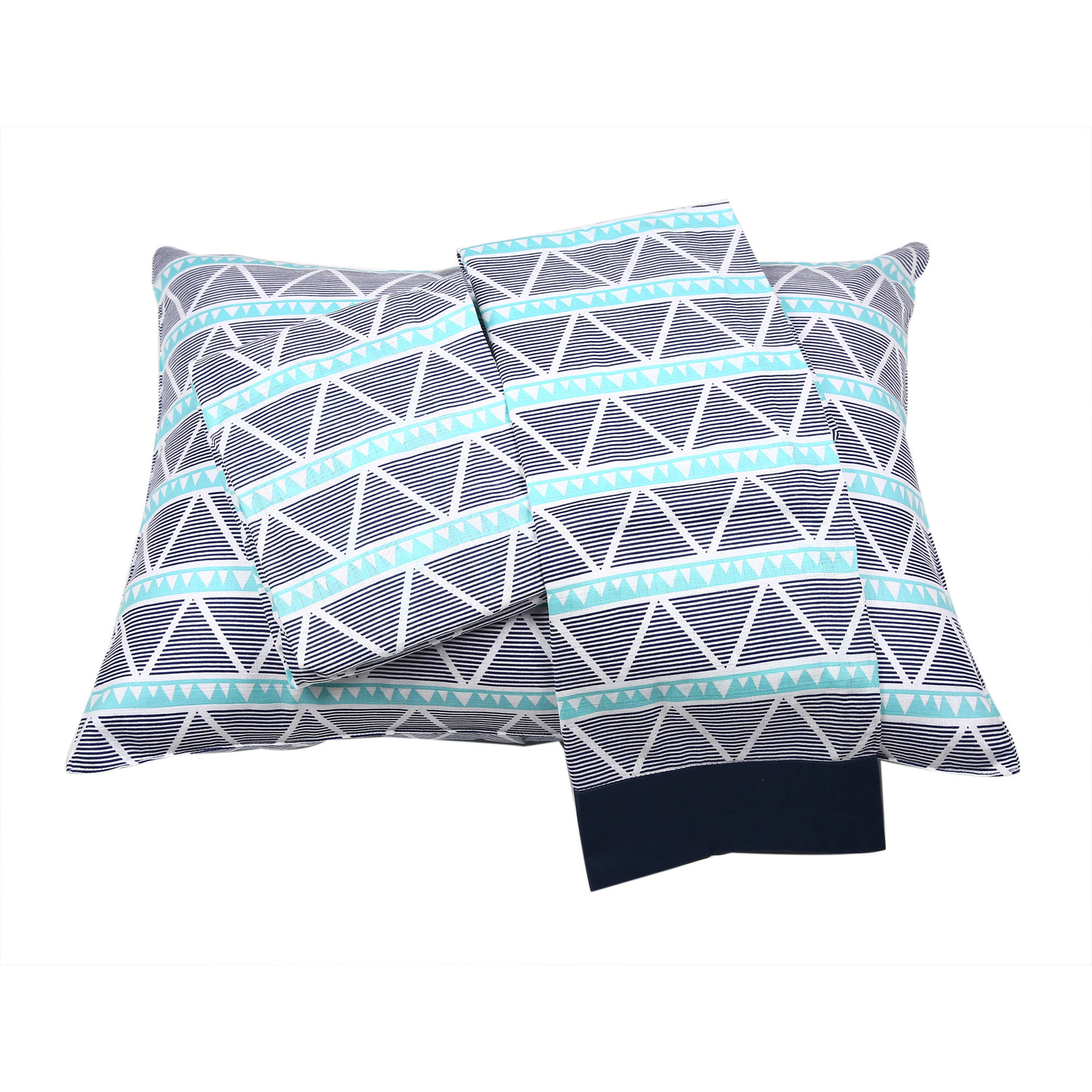 Bacati - Aztec/Tribal Aqua/Navy 3-Piece 100% Cotton breathable Muslin Toddler Bedding Sheet Set, Large Triangles