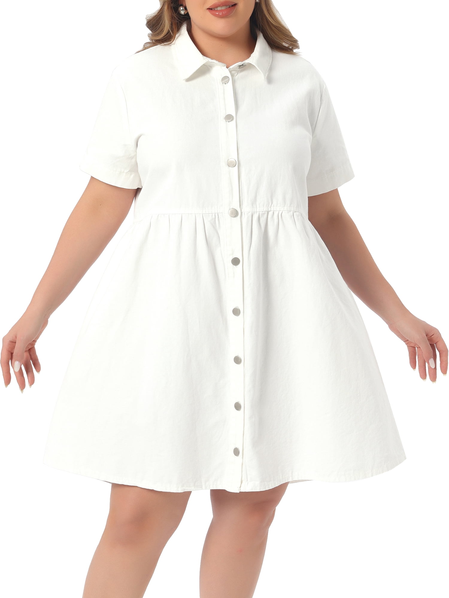 DARING DIVA Women's Plus Size Casual Denim Babydoll Pockets Dress 1X White