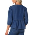 thumbnail image 3 of INSPIRE CHIC Women's Denim Tops Tie Front Puff Sleeve Ruffle Hem Peplum Blouse Jean Shirts S Deep Blue, 3 of 6