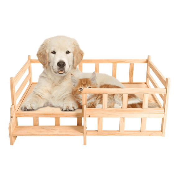Miumaeov 66 lbs Solid Pine Wood Pet Bed Elevated Fence Pet Bed Dog Cat Sleeping Bed with Stairs