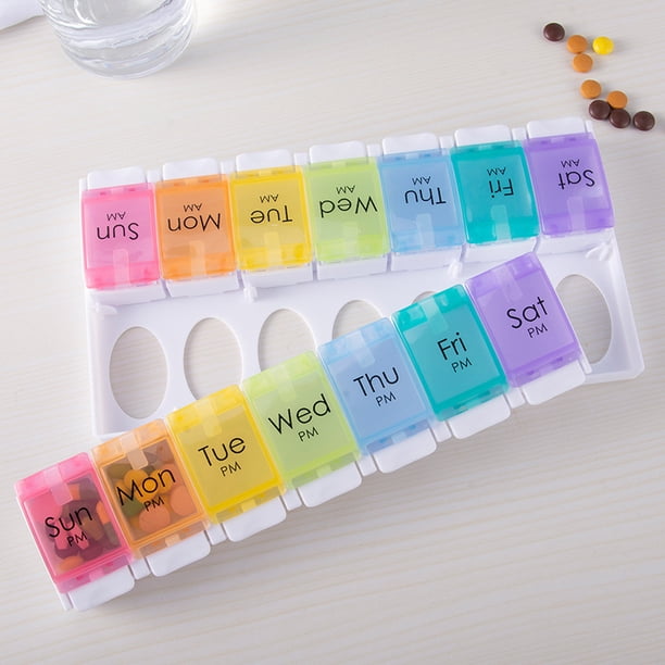 Caja de medicamentos con clasificación de rebote tipo empuje, caja de medicamentos portátil, caja de almacenamiento de medicamentos de viaje de 14 rejillas para la mañana y la tarde durante una semana
