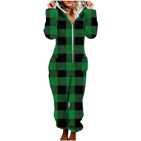 Perfectbot Women's Warm Loungewear Jumpsuit - Plaid Fuzzy Sherpa Hooded Flannel Winter Sleepwear