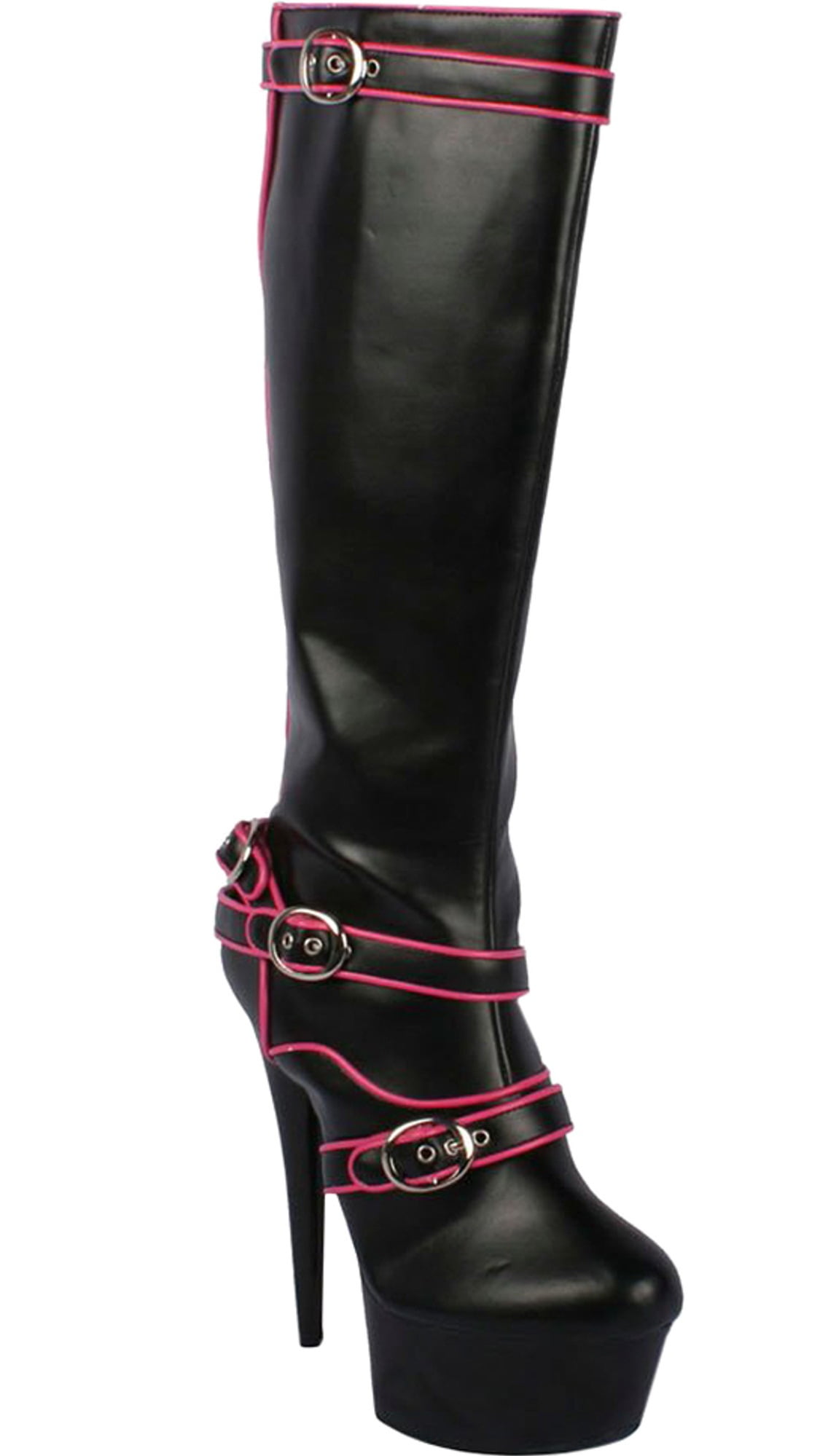 Ellie - 6 Inch Black Knee Boots Pink Piping Criss Crross Strap Womens ...