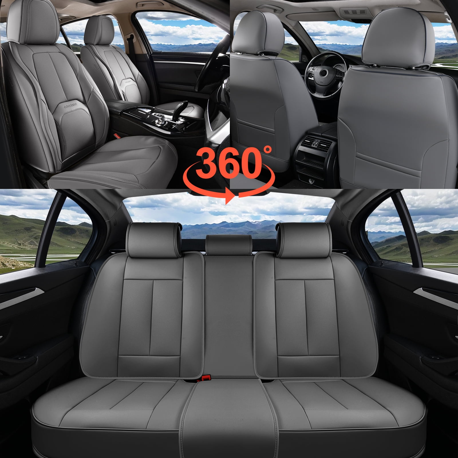 Coverado Car Seat Covers Full Set, Premium Leather Seat Protectors with Lumbar Support, Waterproof Auto Cushions Universal Fit for Most Cars, Gray