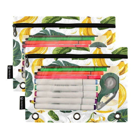 Ckdifva Banana and Leaves Pencil Pouch 3 Ring Zipper Pencil Case Binder Pockets Clear Top Cosmetic Bag 2 Pack