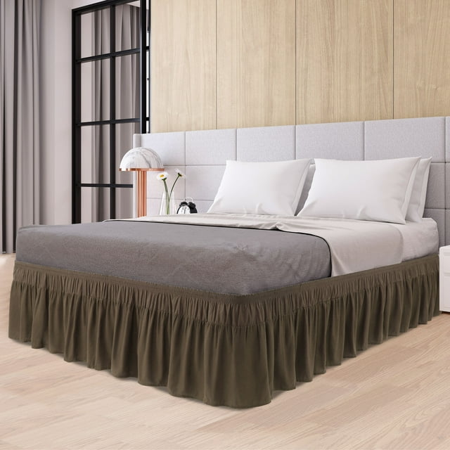 PiccoCasa Polyester Brushed Bed Skirt with Elastic Dust Ruffles 16" Drop, King Brown