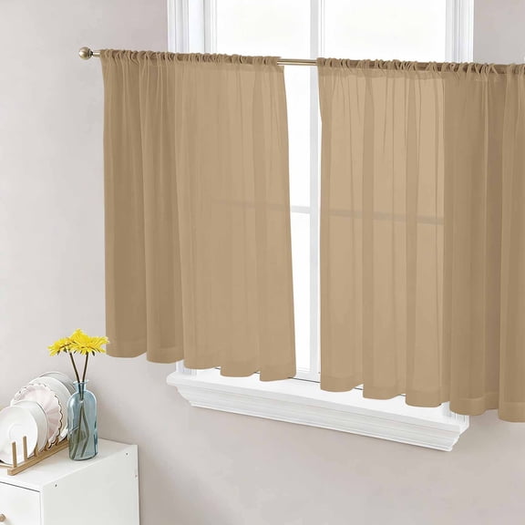 Pure Khaki Semi Sheer Window Curtains 54 Inches Long, Simple Solid Color Rod Pocket Voile Silky Chiffon Curtain Light Filtering Drapes for Living Room, Kitchen, Bedroom, 52"x54", 2 Panels