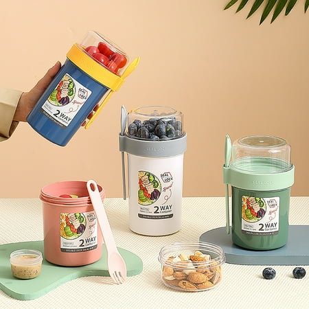 

Uehgn Overnight Box Cup Double Layer Good Sealing Large Capacity Breakfast Salad Yogurt Nut Fat Reduction Cup with Lid Spoon Kitchen Supplies