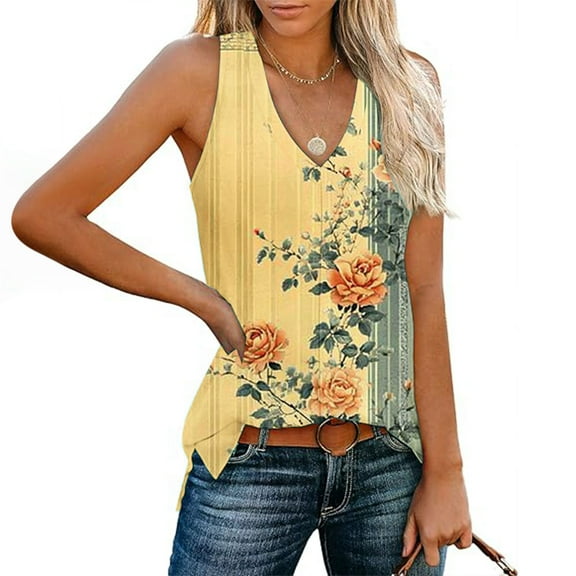 Tank Tops for Women under $4.98 no boundari Sleeveless Printed V-neck Pullover Side Slit Loose Casual Top Multicolor XL