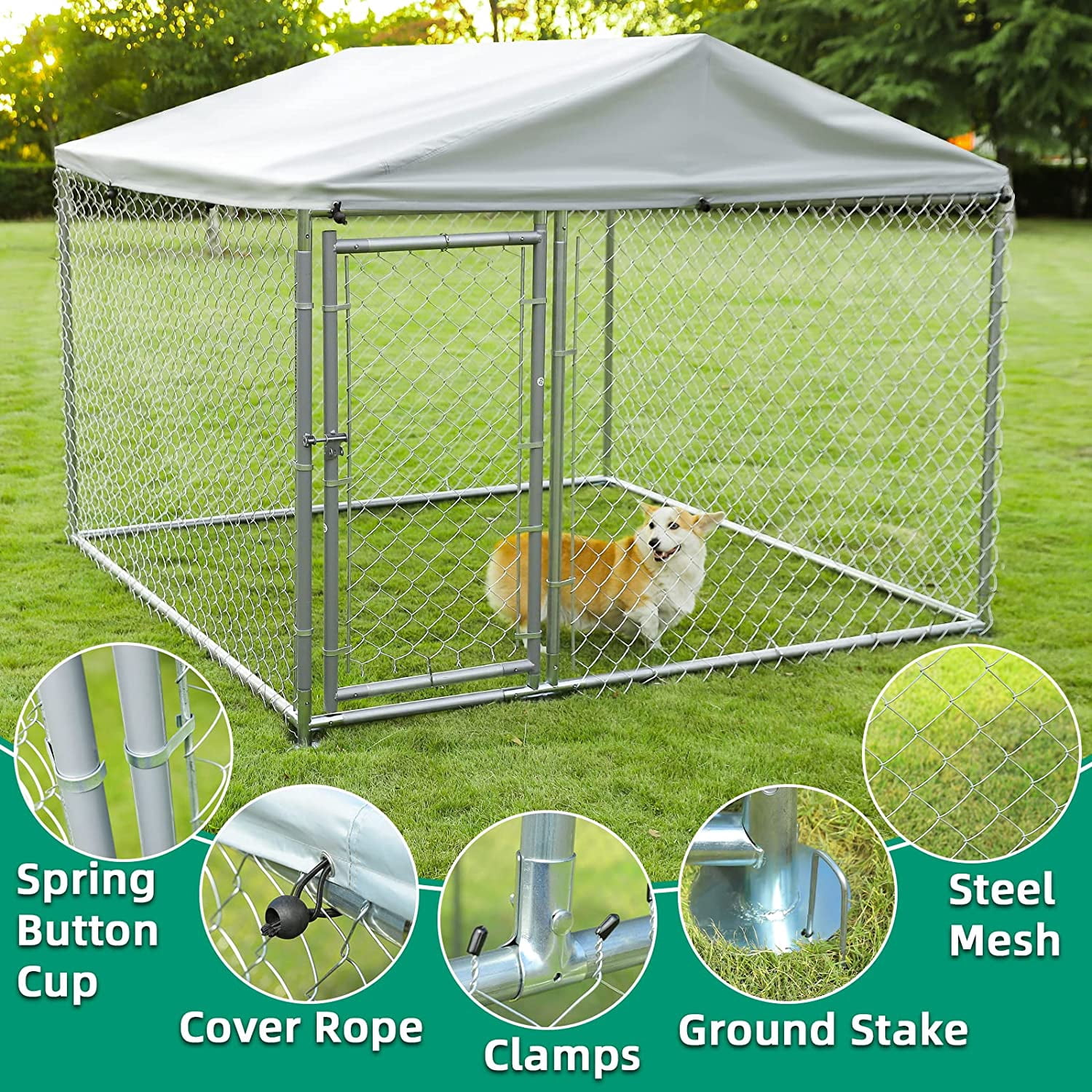 VIVIJASON Outdoor Large Dog Kennel Heavy Duty Fence Dog Cage with Galvanized Chain Link, Outside Pen Playpen Dog Run House with UV & Waterproof Cover and Secure Lock for Backyard