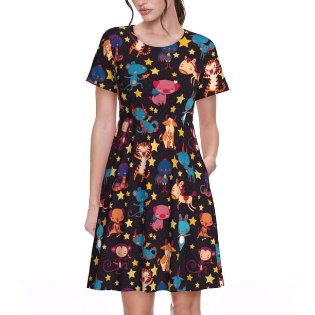 Disketp Cute Animals para Vestido de Manga Corta para Mujeres, Vestidos de Verano para Mujeres, Casual y Holgado para la Playa