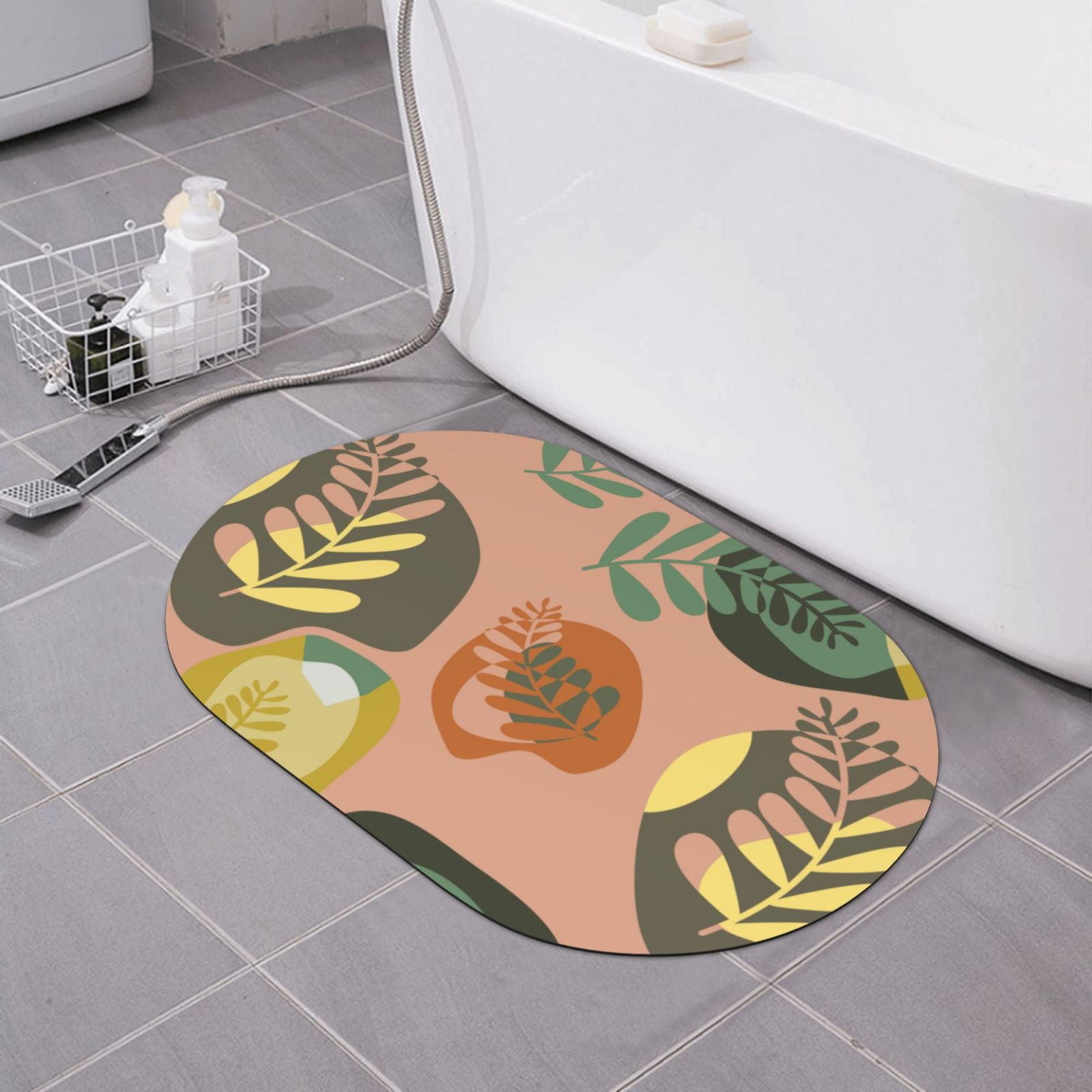 XMXT Diatomite Bathroom Rugs, Green Bohemian Leaf Print Oval Kitchen
