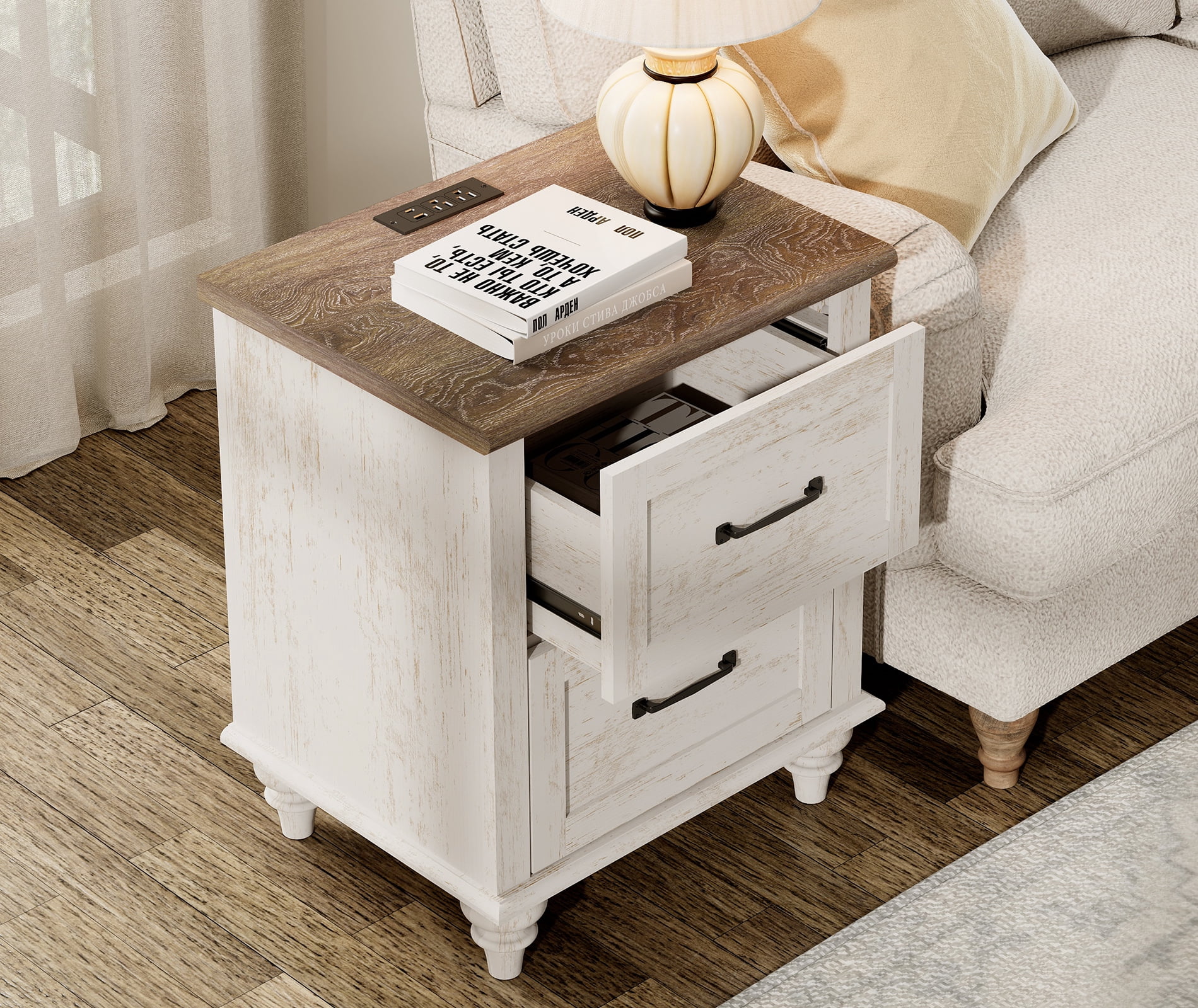 Side Table with 2 Drawers, Farmhouse End Table with Charging Station, Wooden Nightstand for Bedroom & Living Room, Antique White