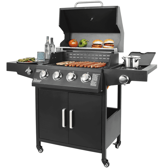 Betisef 4-Burner Propane Gas Grill with Side Burner and Side Table Outdoor Cooking Barbecue Grill Camping