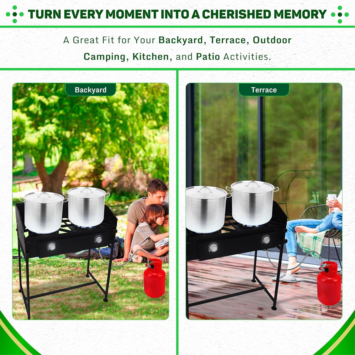 SONRET - Double Burner Propane Outdoor Camping Stove - with Detachable Legs & Wind Panel