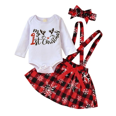 

Toddler Girls Outfit Kids Chiristmas Letters Snowflake Prints Flare Long Sleeves Romper Suspender Plaid Skirt Hairband Outfit Set Cloths