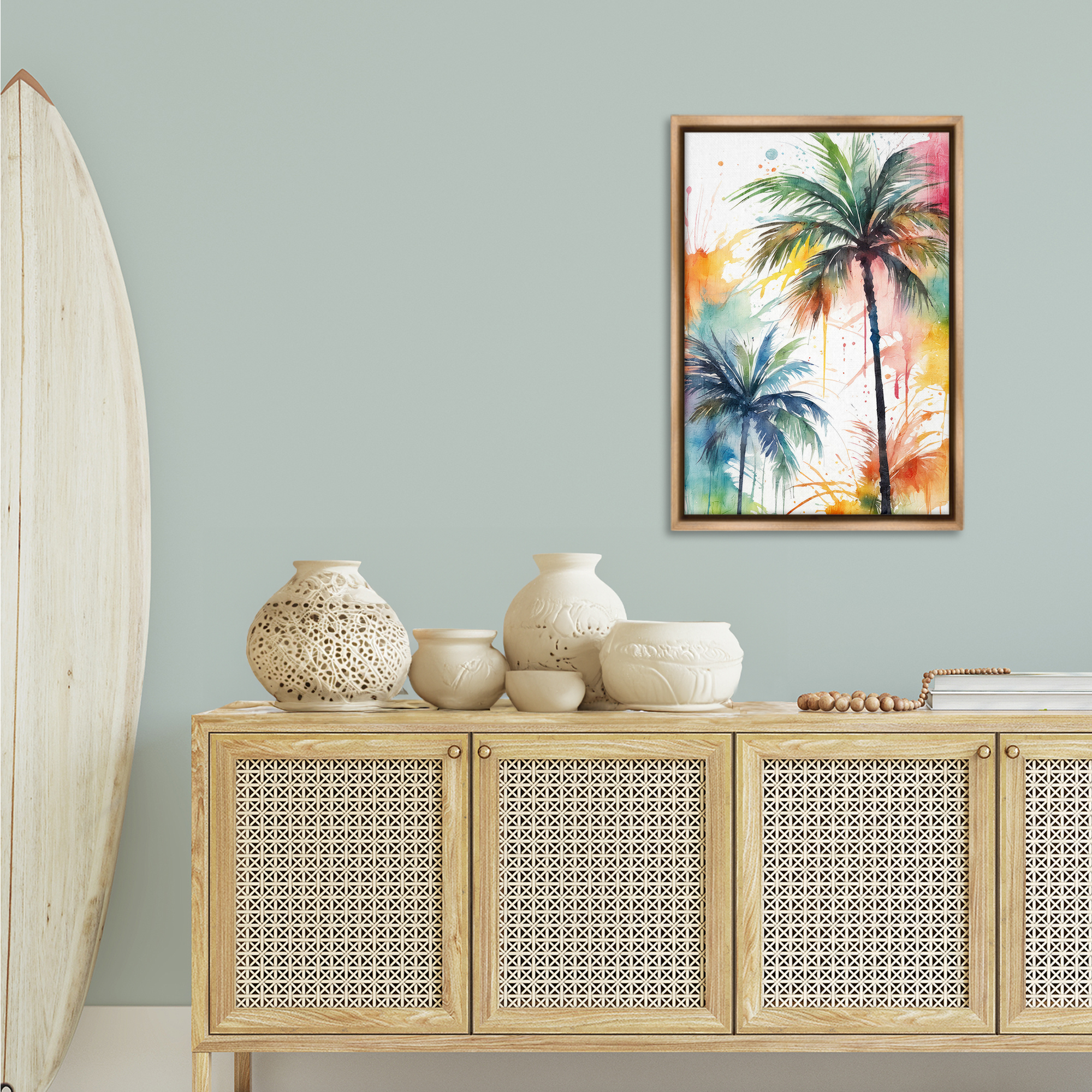 Stupell Industries Splashed Palm Trees Botanical & Floral Painting Brown Floater Framed Canvas Art Print Wall Art, 21 x 31