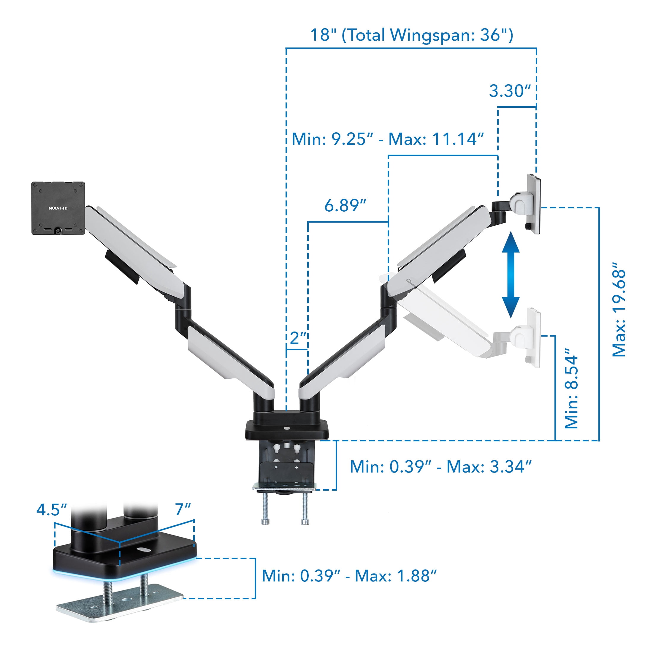 Mount-It! Heavy Duty Dual Computer Monitor Mount For Screens Up To 35", Gaming, RGB Lighting, Capacity 44 lbs., 18" Extension