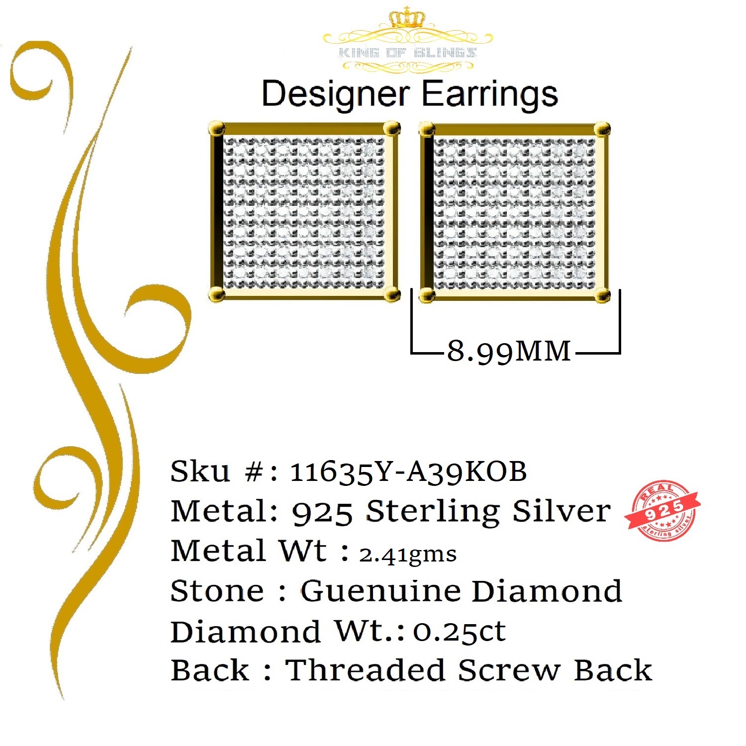 King of Bling's Aretes Para Hombre 925 Yellow Silver 0.25ct Diamond Stud Men's/ Women's Earrings