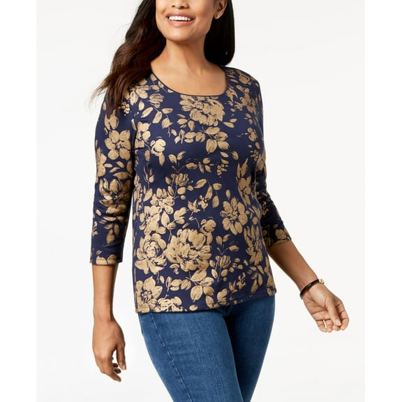 Karen Scott Petite Cotton Metallic Printed T-Shirt Boomerang Full