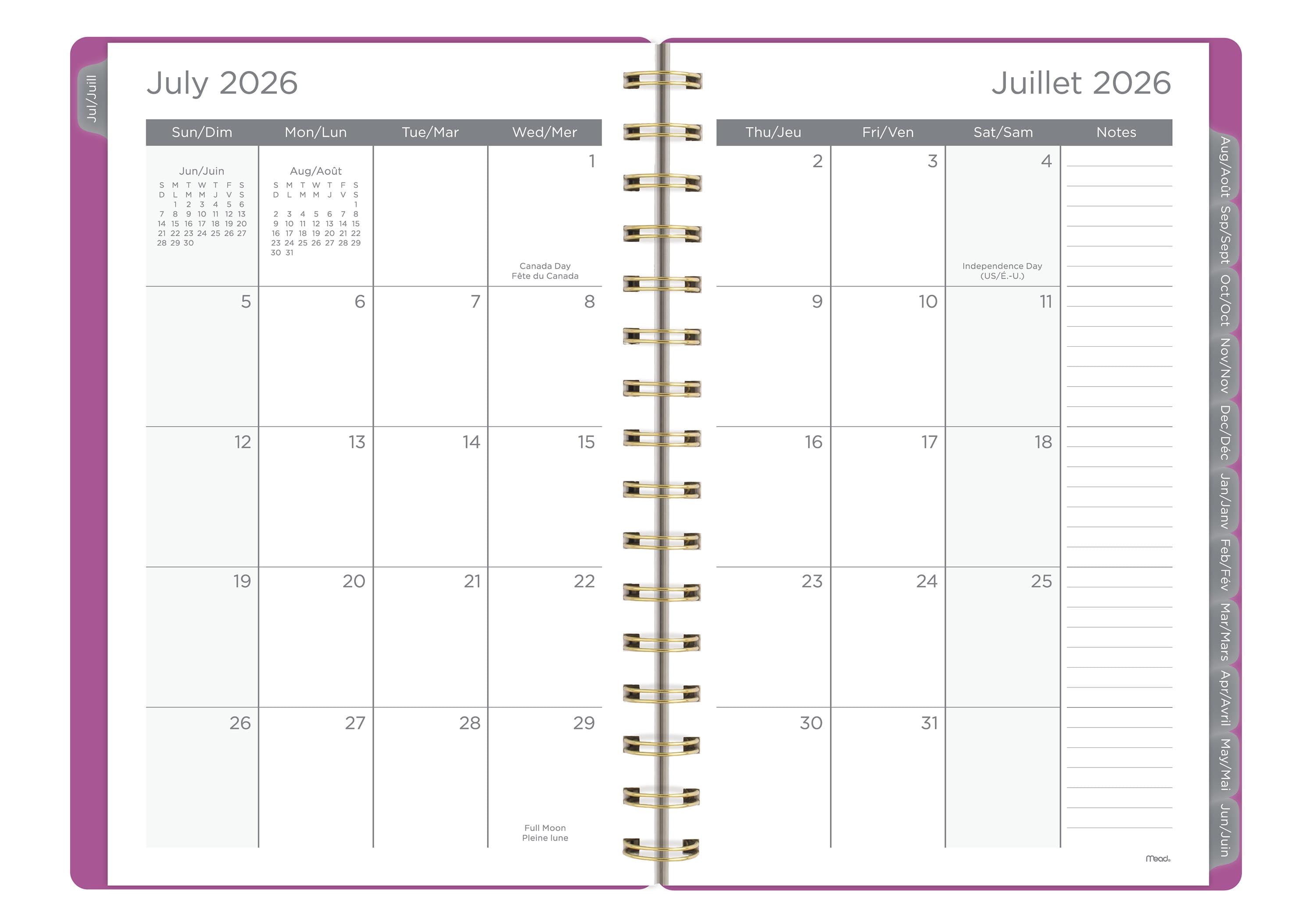 2026-2027 Mead Fuchsia 12-Month Small Weekly and Monthly Academic Year Planner