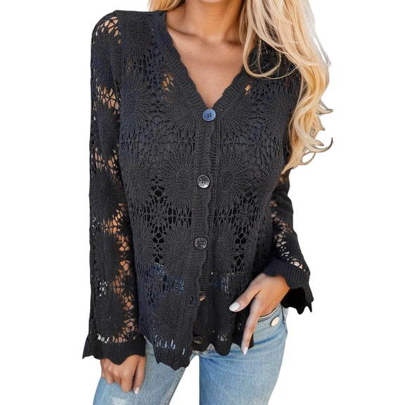 Womens Cardigan Crochet Lace Hollow Out Button Front V Neck Long Sleeve Knit Crop Sweater Top Women's Cardigans