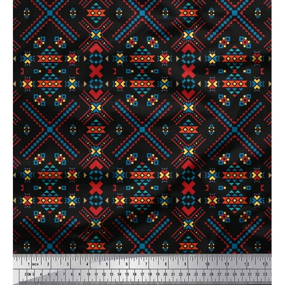 Soimoi Polyester Crepe Fabric Cross Sign & Triangle Geometric Print Fabric by Yard 52 Inch Wide