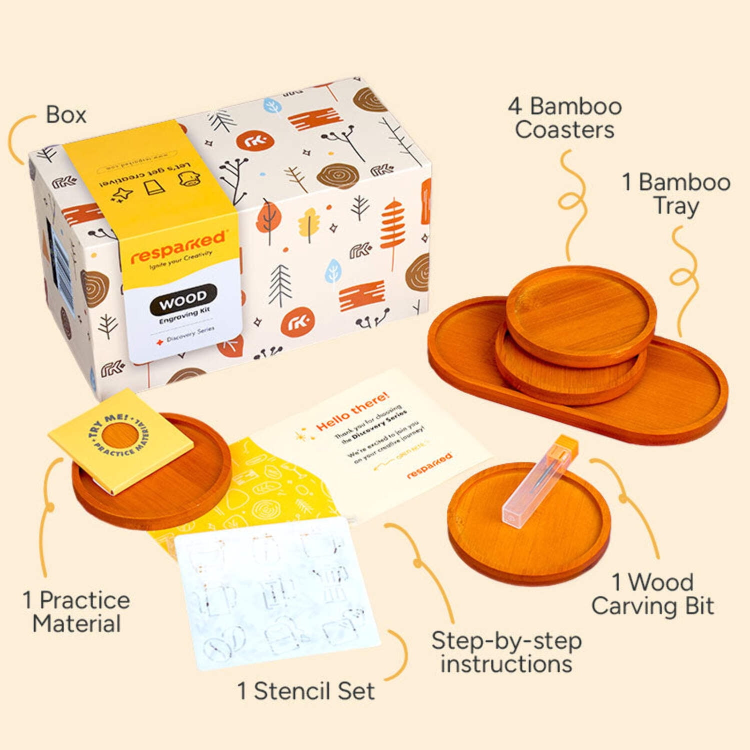 Discovery Series: Wood Engraving Kit – DIY Customizable Tray & Coasters Set for Home Décor and Gifts – Complete Crafting Kit with Stencils, Wood Carving Bit & Step-by-Step Instructions
